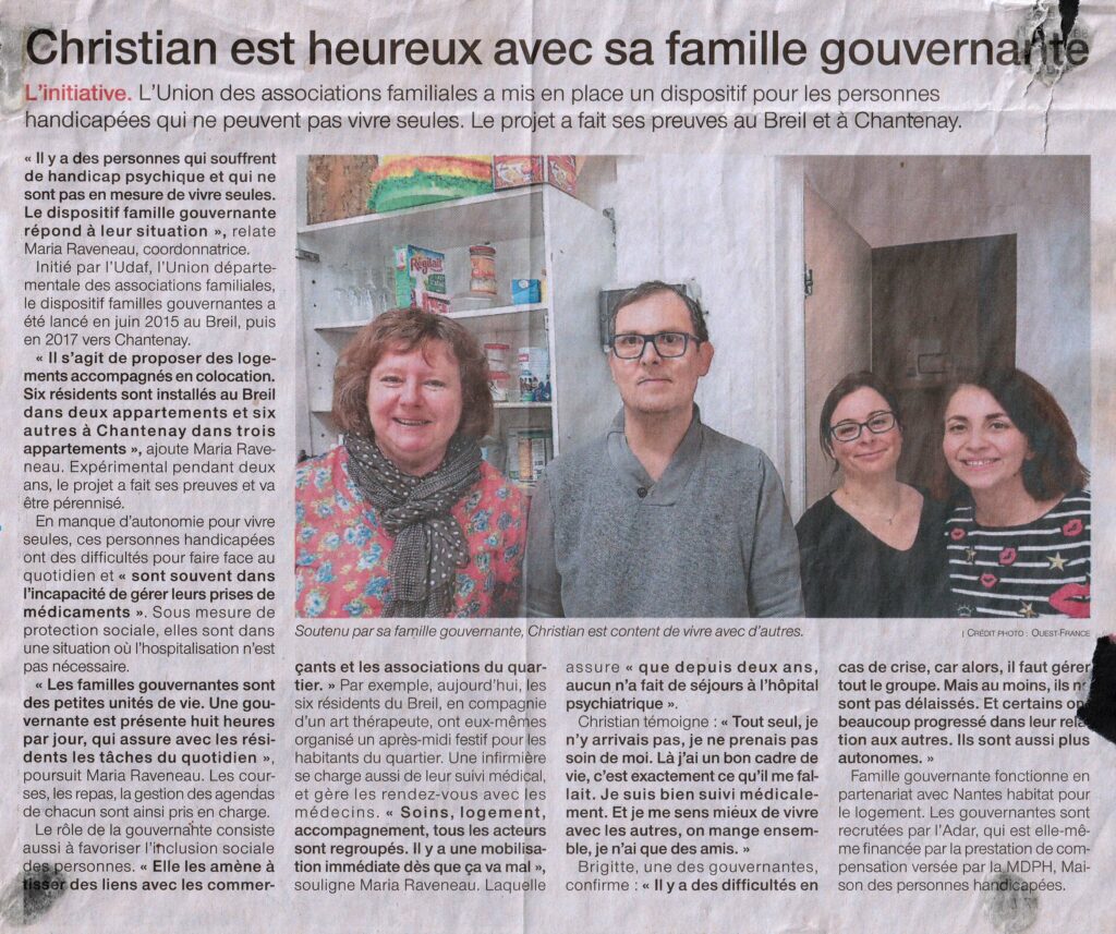 Article du journal Ouest France - Marine Hanna Brochard Art thérapeute au sein du dispositif Familles gouvernantes de Nantes